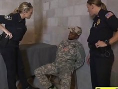 Babes in cop uniforms flaunt huge boobs and get fucked by fake black soldier